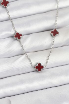 316L Çelik Zincir Gümüş Renk Bordo Baby Boy Yonca Kadın Kolye - TJ-BKO10577