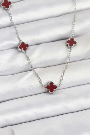 316L Çelik Zincir Gümüş Renk Bordo Baby Boy Yonca Kadın Kolye - TJ-BKO10577