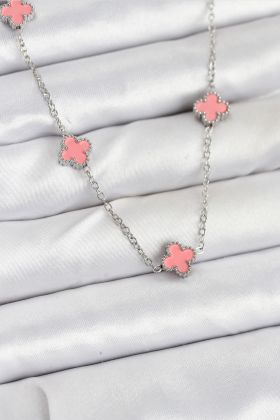 316L Çelik Zincir Gümüş Renk Pembe Baby Boy Yonca Kadın Kolye - TJ-BKO10579