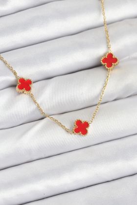 316L Çelik Zincir Gold Renk Kırmızı Baby Boy Yonca Kadın Kolye - TJ-BKO10580