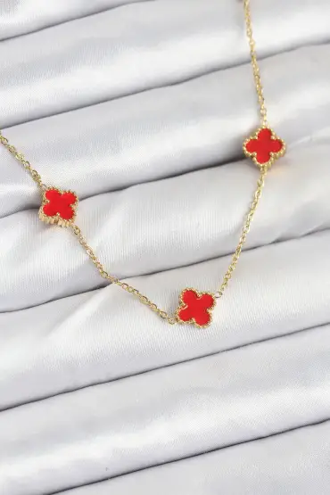 316L Çelik Zincir Gold Renk Kırmızı Baby Boy Yonca Kadın Kolye - TJ-BKO10580