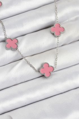 316L Çelik Zincir Gümüş Pembe Renk Yonca Kadın Kolye - TJ-BKO10584