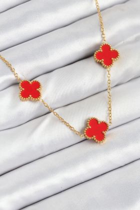 316L Çelik Zincir Gold Kırmızı Renk Yonca Kadın Kolye - TJ-BKO10585