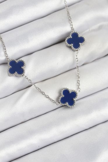 316L Çelik Zincir Gümüş Lacivert Renk Yonca Kadın Kolye - TJ-BKO10587