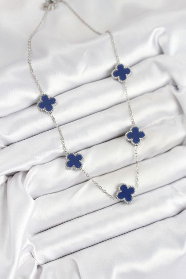 316L Çelik Zincir Gümüş Lacivert Renk Yonca Kadın Kolye - TJ-BKO10587