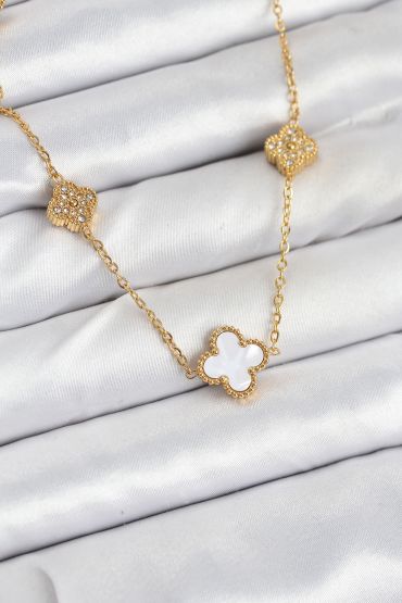 316L Çelik Zincir Gold Renk Beyaz ve Zirkon Taşlı Yonca Kadın Kolye - TJ-BKO10590
