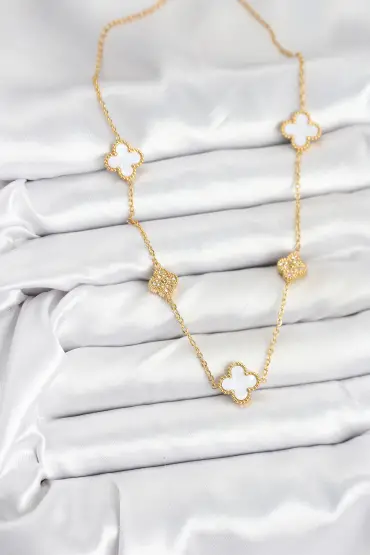 316L Çelik Zincir Gold Renk Beyaz ve Zirkon Taşlı Yonca Kadın Kolye - TJ-BKO10590