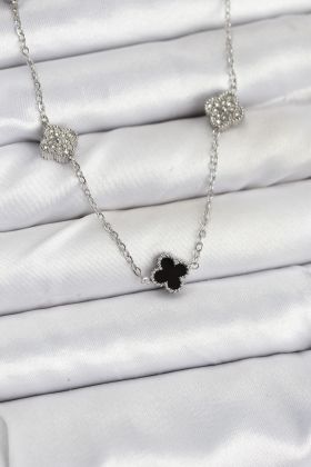 316L Çelik Zincir Gümüş Renk Siyah ve Zirkon Taşlı Baby Boy Yonca Kadın Kolye - TJ-BKO10591