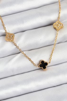316L Çelik Zincir Gold Renk Siyah ve Zirkon Taşlı Baby Boy Yonca Kadın Kolye - TJ-BKO10592