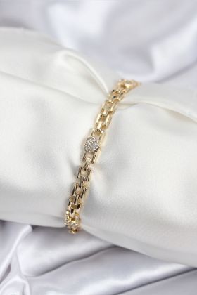 Pirinç VIP Seri Gold Renk Zincir Model Kalpli Zirkon Taşlı Kadın Bileklik - TJ-BB7929
