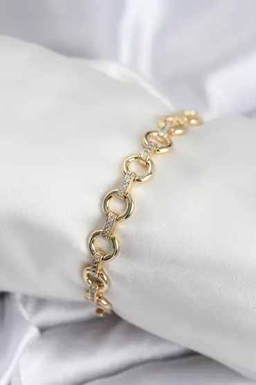 Pirinç VIP Seri Gold Renk Sıralı Halka Model Kadın Bileklik - TJ-BB7933