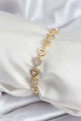 Pirinç VIP Seri Gold Renk Sıralı Kalp Model Kadın Bileklik - TJ-BB7935
