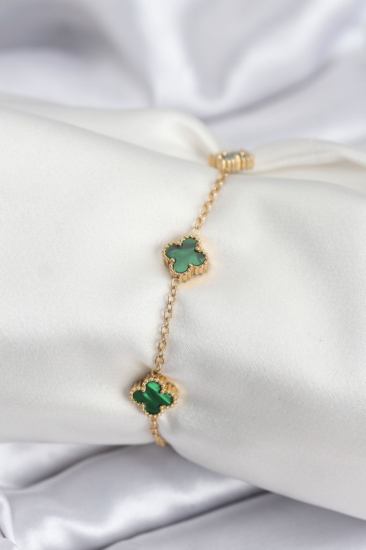 316L Çelik Gold Renk Yeşil Baby Boy Yonca Kadın Bileklik - TJ-BB7944