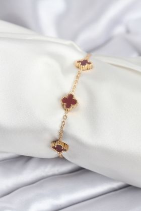 316L Çelik Gold Renk Bordo Baby Boy Yonca Kadın Bileklik - TJ-BB7950