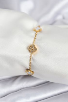 316L Çelik Gold Renk Beyaz ve Zirkon Taşlı Baby Boy Yonca Kadın Bileklik - TJ-BB7955