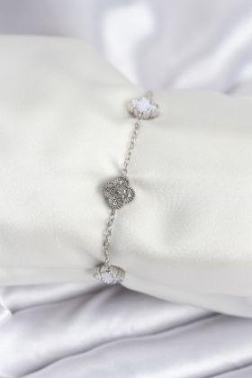 316L Çelik Gümüş Renk Beyaz ve Zirkon Taşlı Baby Boy Yonca Kadın Bileklik - TJ-BB7956