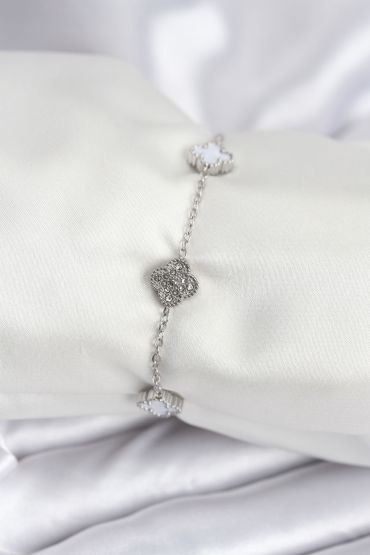 316L Çelik Gümüş Renk Beyaz ve Zirkon Taşlı Baby Boy Yonca Kadın Bileklik - TJ-BB7956