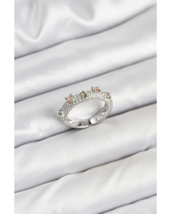 Pirinç Gümüş Renk Zirkon Taşlı Vintage Kadın Yüzük - TJ-BYK3833