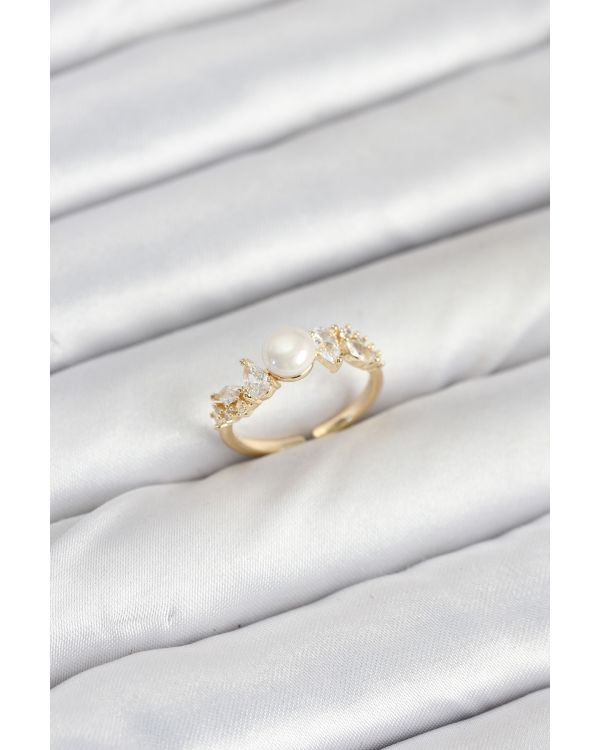 Pirinç Gold Renk Zirkon Taşlı İncili Model Kadın Yüzük - TJ-BYK3852