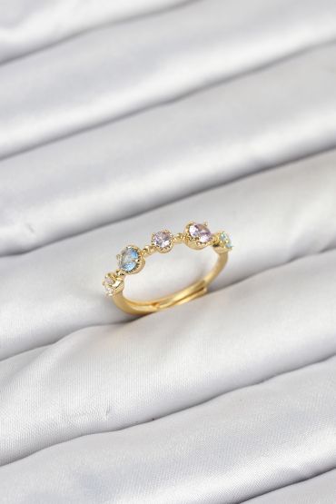 Pirinç Gold Renk Renkli Zirkon Taşlı Kadın Yüzük - TJ-BYK3866