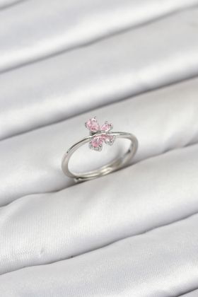 Pirinç Gümüş Renk Pembe Kelebek Kadın Yüzük - TJ-BYK3871