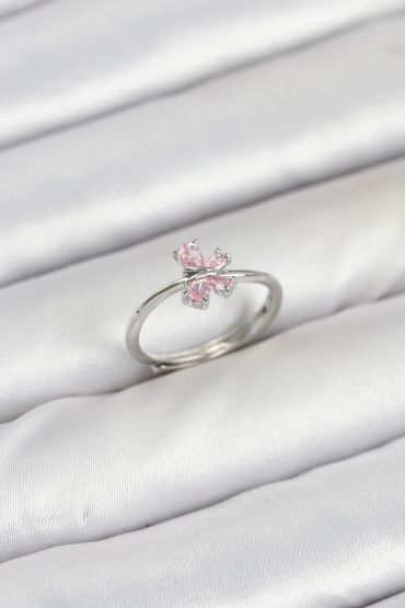 Pirinç Gümüş Renk Pembe Kelebek Kadın Yüzük - TJ-BYK3871