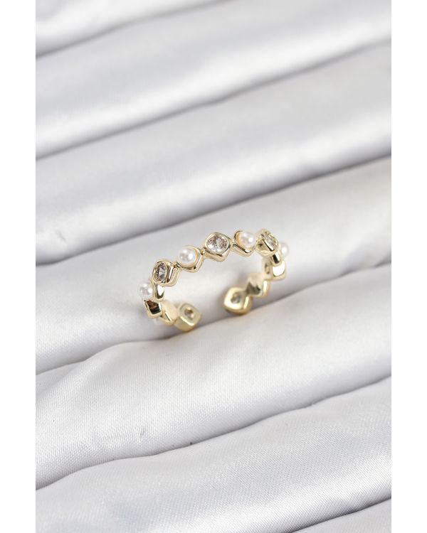 Pirinç Gold Renk Zirkon Taşlı İncili Kadın Yüzük - TJ-BYK3876