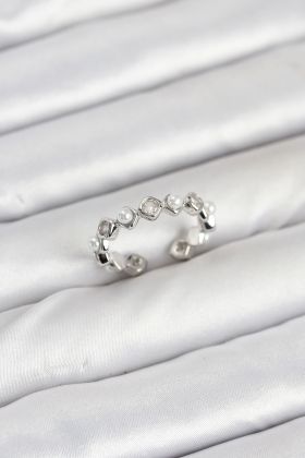 Pirinç Gümüş Renk Zirkon Taşlı İncili Kadın Yüzük - TJ-BYK3877