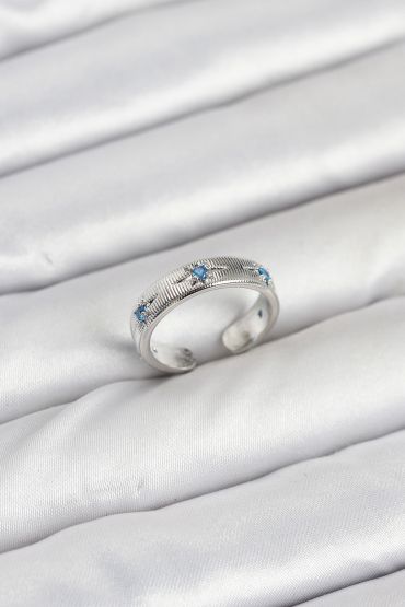 Pirinç Gümüş Renk Mavi Zirkon Taşlı Kutup Yıldızı Model Kadın Yüzük - TJ-BYK3897
