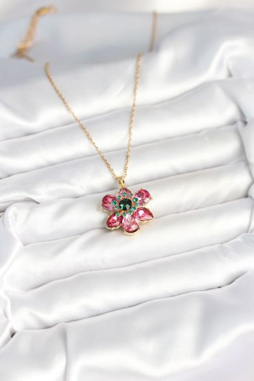 316L Çelik Zincirli Pembe Çiçek Model Kadın Kolye - TJ-BKO10597