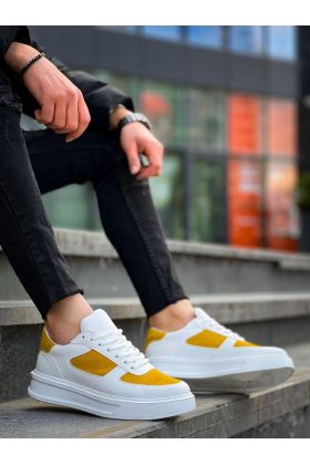 KB-X8 Kuback Beyaz Cilt Sarı Süet Detaylı Beyaz Yüksek Taban Günlük Spor Ayakkabı