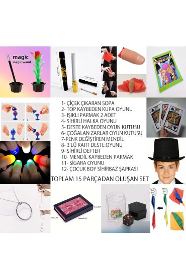 Çocuklar İçin 15 Parça Sihirbazlık ve İllüzyon Seti – Başlangıç Gösteri Kutusu