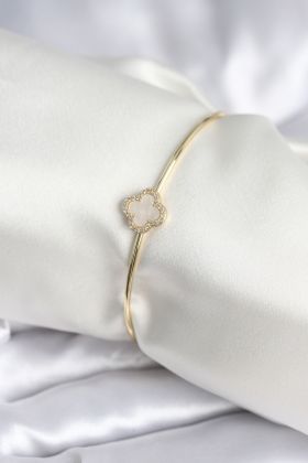 Beyaz Sedefli Yonca Model Gold Renk Kadın Bileklik - TJ-BB8005