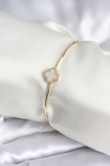 Beyaz Sedefli Yonca Model Gold Renk Kadın Bileklik - TJ-BB8005