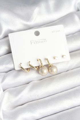 Pirinç Gold Renk İnci Detaylı 925 Gümüş Çivili Kadın Küpe Seti - TJ-BKP11253