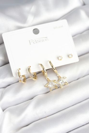 Pirinç Gold Renk Yıldız Model 925 Gümüş Çivili Kadın Küpe Seti - TJ-BKP11256