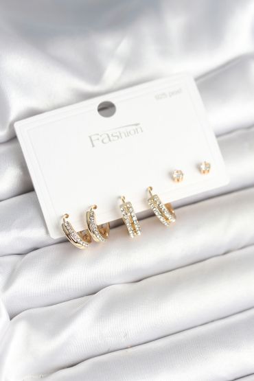 Pirinç Gold Renk Zirkon Taşlı 925 Gümüş Çivili Kadın Küpe Seti - TJ-BKP11257