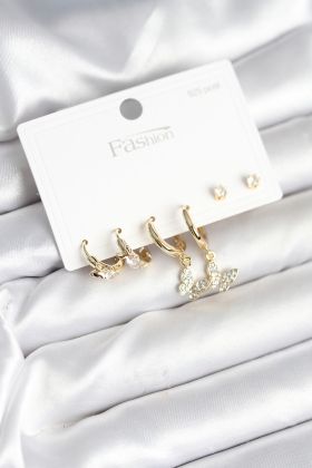 Gold Renk Pirinç Kelebek Model 925 Ayar Gümüş Çivili Kadın Küpe Seti - TJ-BKP11273