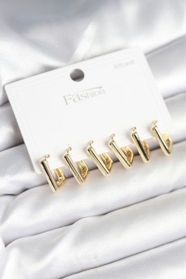 Gold Renk Kare Model Pirinç 925 Ayar Gümüş Çivili Kadın Küpe Seti - TJ-BKP11274