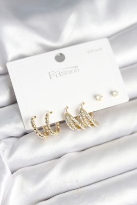 Gold Renk Pirinç 925 Ayar Gümüş Çivili Kadın Küpe Seti - TJ-BKP11276