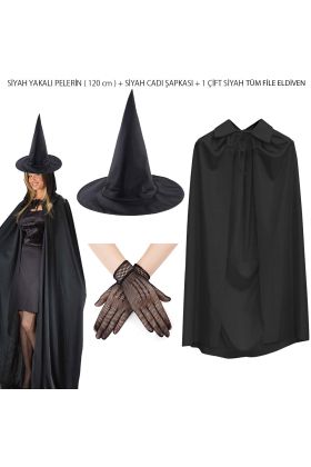 120 cm Siyah Yakalı Cadı Pelerini Cadı Şapkası ve 1 Çift Siyah Kısa File Tüm Eldiven Seti 3 Parça