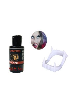 Beyaz Renk Çift Damak Takma Vampir Dişi ve 50 gr Tiyatro Kanı
