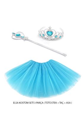 Mavi Prenses Elsa Kostüm Seti 3 Parça (Tütü Etek + Taç + Asa )