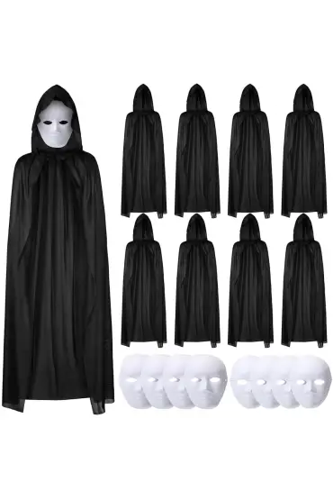 120 cm Siyah Kapüşonlu Pelerin ve Boyanabilir Karton Maske 8’li Set