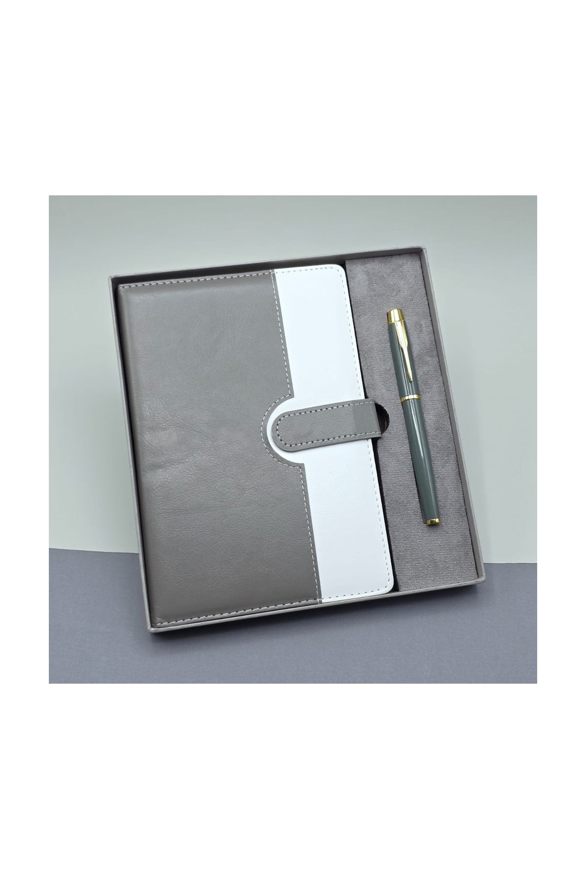 Gri Kutulu Deri Defter Roller Kalem Set