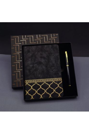 Gold Desen Siyah Deri Defter Kalem Set
