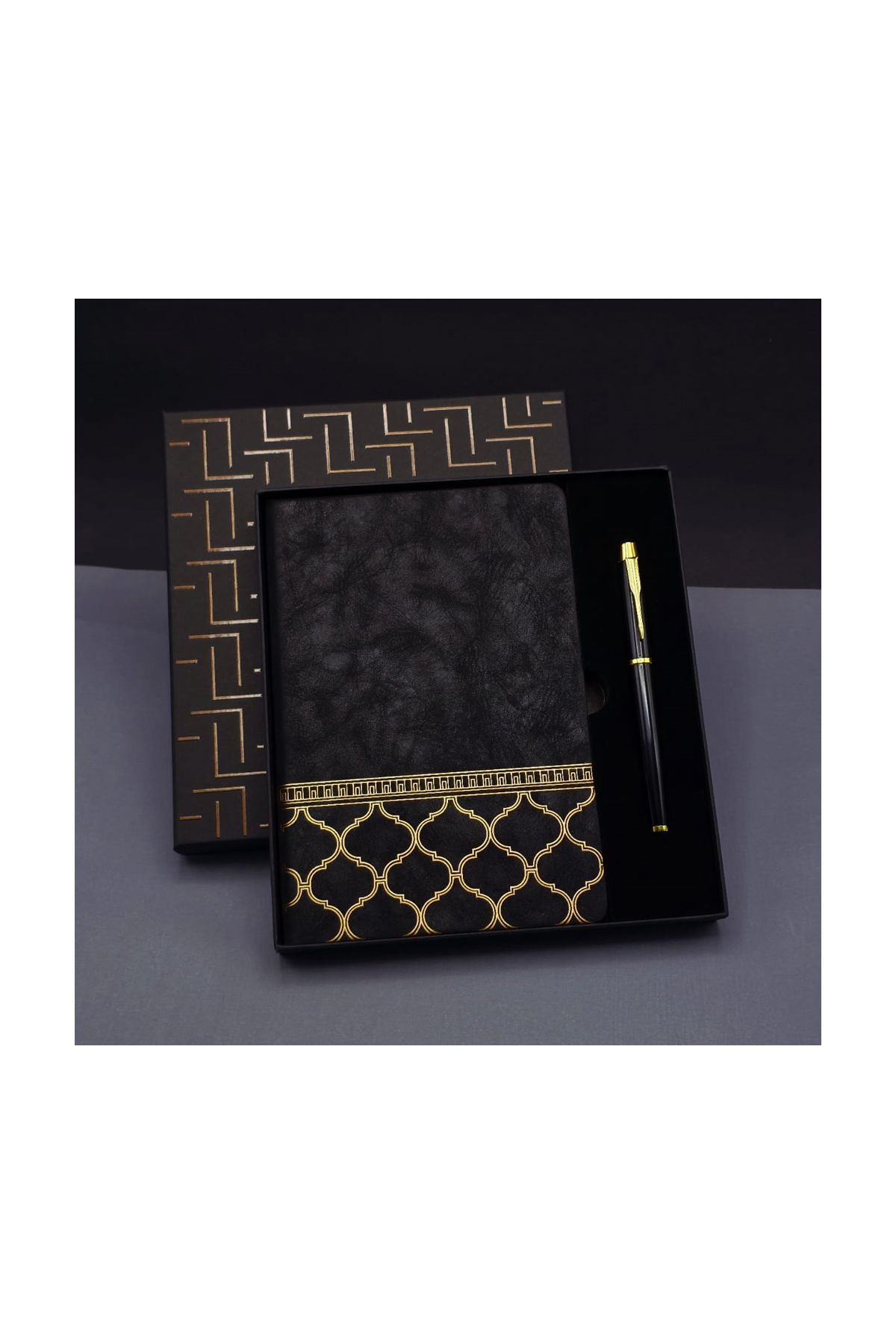 Gold Desen Siyah Deri Defter Kalem Set