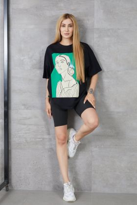 Kadın Silüet Baskılı Bisiklet Yaka Oversize T-shirt