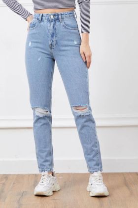 Yüksek bel yırtmaçlı mom jean pantolon