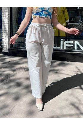 Bağcıklı keten pantolon krem